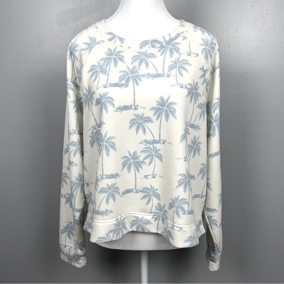 Lou & Grey for Loft ivory blue tropical palm tree print sweatshirt, large. - Picture 1 of 8